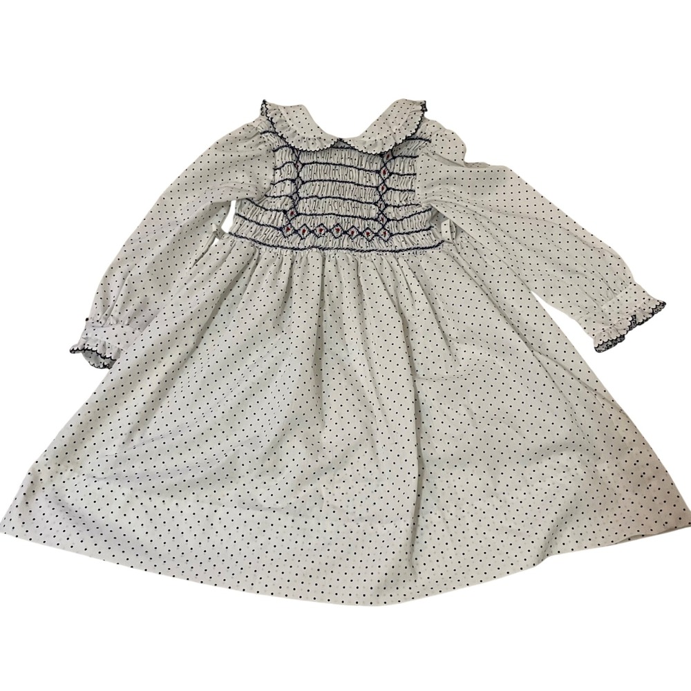 Polly Flinders Vintage Girls Sz 6 White Polka Dot Hand Smocked Dress Long Sleeve